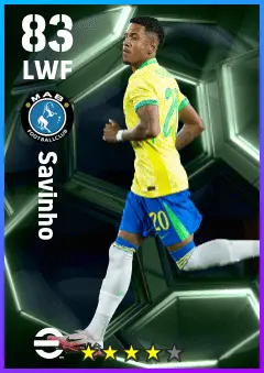 Savinho eFootball 2026 player card — 83 OVR LWF