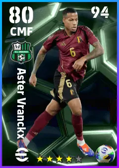 Aster Vranckx eFootball 2026 player card — 80 OVR CMF