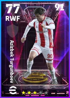 Azizbek Turgunboev eFootball 2026 player card — 77 OVR RWF