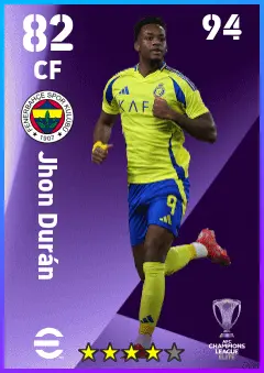 Jhon Duran eFootball 2026 player card — 82 OVR CF