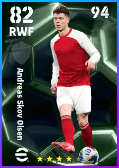 Andreas Skov Olsen eFootball 2026 player card — 82 OVR RWF
