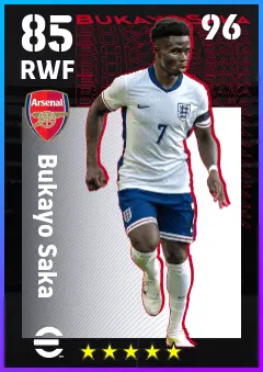 Bukayo Saka eFootball 2026 player card — 85 OVR RWF