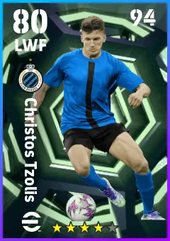 Christos Tzolis eFootball 2026 player card — 80 OVR LWF