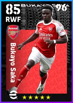 Bukayo Saka eFootball 2026 player card — 85 OVR RWF