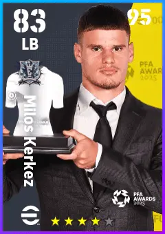 Milos Kerkez eFootball 2026 player card — 83 OVR LB