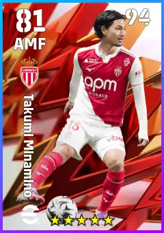 Takumi Minamino eFootball 2026 player card — 81 OVR AMF