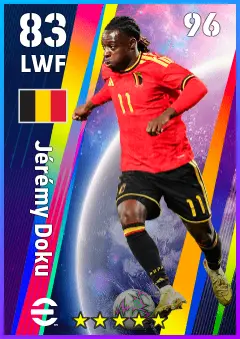 Jeremy Doku eFootball 2026 player card — 83 OVR LWF