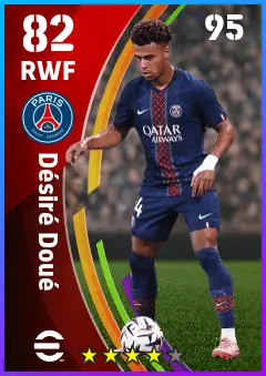Desire Doue eFootball 2026 player card — 82 OVR RWF