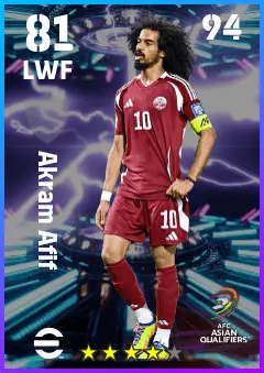 Akram Afif eFootball 2026 player card — 81 OVR LWF