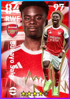 Bukayo Saka eFootball 2026 player card — 84 OVR RWF
