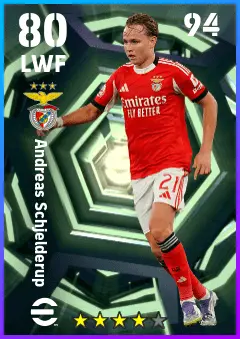 Andreas Schjelderup eFootball 2026 player card — 80 OVR LWF
