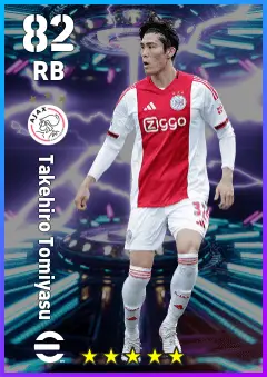Takehiro Tomiyasu eFootball 2026 player card — 82 OVR RB
