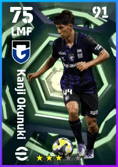 Kanji Okunuki eFootball 2026 player card — 75 OVR LMF