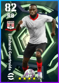 Lutsharel Geertruida eFootball 2026 player card — 82 OVR RB