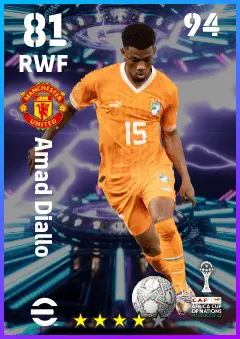Amad Diallo eFootball 2026 player card — 81 OVR RWF