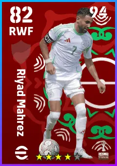Riyad Mahrez eFootball 2026 player card — 82 OVR RWF