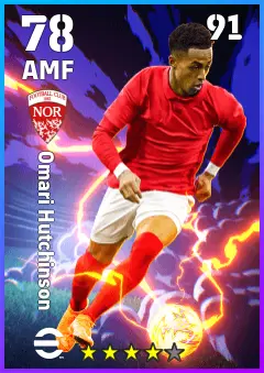 Omari Hutchinson eFootball 2026 player card — 78 OVR AMF