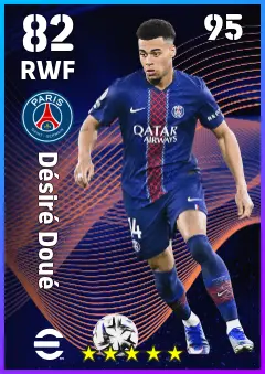 Desire Doue eFootball 2026 player card — 82 OVR RWF