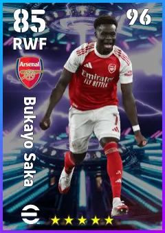Bukayo Saka eFootball 2026 player card — 85 OVR RWF