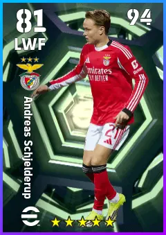 Andreas Schjelderup eFootball 2026 player card — 81 OVR LWF