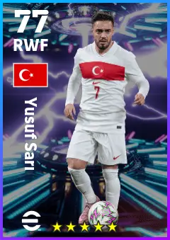 Yusuf Sari eFootball 2026 player card — 77 OVR RWF