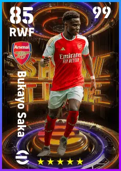 Bukayo Saka eFootball 2026 player card — 85 OVR RWF