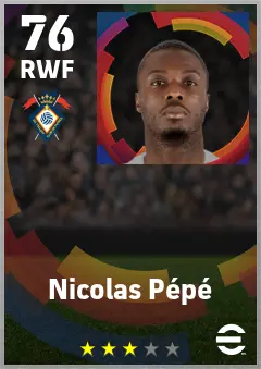 Nicolas Pepe eFootball 2026 player card — 76 OVR RWF
