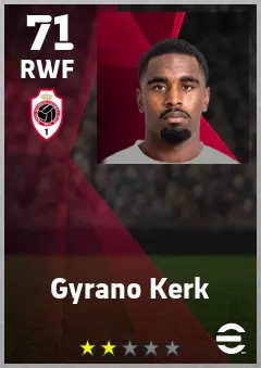Gyrano Kerk eFootball 2026 player card — 71 OVR RWF