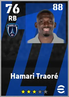 Hamari Traore eFootball 2026 player card — 76 OVR RB