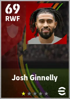 Josh Ginnelly eFootball 2026 player card — 69 OVR RWF