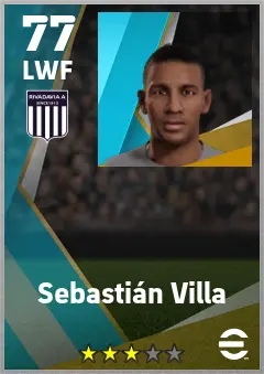 Sebastian Villa eFootball 2026 player card — 77 OVR LWF