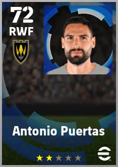 Antonio Puertas eFootball 2026 player card — 72 OVR RWF