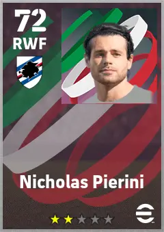 Nicholas Pierini eFootball 2026 player card — 72 OVR RWF