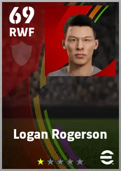 Logan Rogerson eFootball 2026 player card — 69 OVR RWF