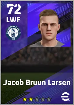 Jacob Bruun Larsen eFootball 2026 player card — 72 OVR LWF