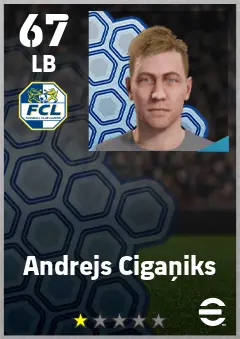 Andrejs Ciganiks eFootball 2026 player card — 67 OVR LB