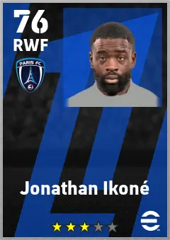 Jonathan Ikone eFootball 2026 player card — 76 OVR RWF