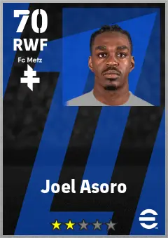Joel Asoro eFootball 2026 player card — 70 OVR RWF