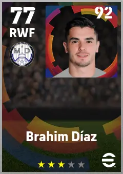 Brahim Diaz eFootball 2026 player card — 77 OVR RWF