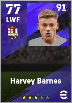 Harvey Barnes eFootball 2026 player card — 77 OVR LWF