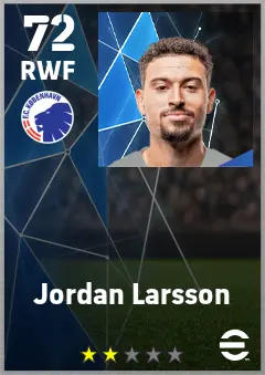 Jordan Larsson eFootball 2026 player card — 72 OVR RWF
