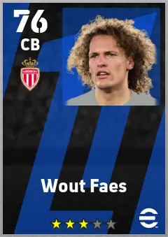 Wout Faes eFootball 2026 player card — 76 OVR CB