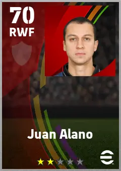 Juan Alano eFootball 2026 player card — 70 OVR RWF