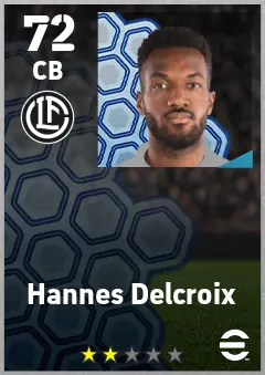 Hannes Delcroix eFootball 2026 player card — 72 OVR CB