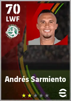 Andres Sarmiento eFootball 2026 player card — 70 OVR LWF
