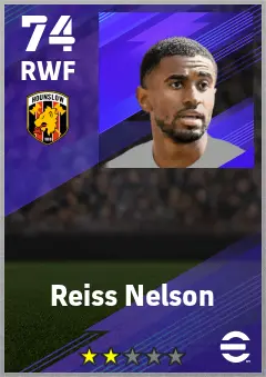 Reiss Nelson eFootball 2026 player card — 74 OVR RWF