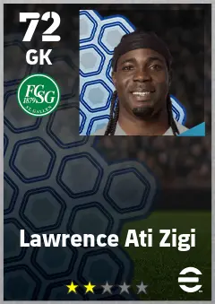 Lawrence Ati Zigi eFootball 2026 player card — 72 OVR GK