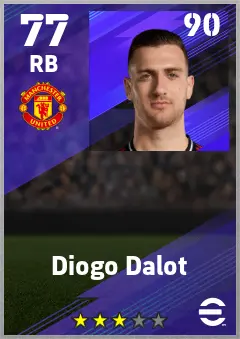 Diogo Dalot eFootball 2026 player card — 77 OVR RB