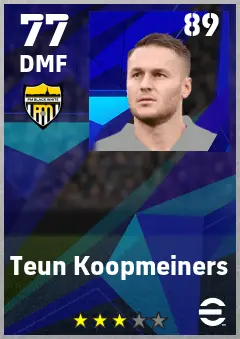 Teun Koopmeiners eFootball 2026 player card — 77 OVR DMF