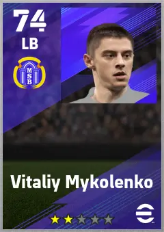 Vitaliy Mykolenko eFootball 2026 player card — 74 OVR LB